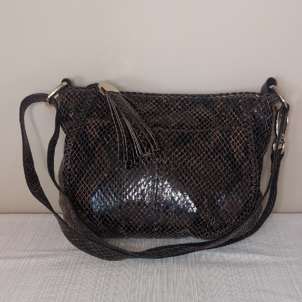B. Makowsky Brown Snake-Look Leather Crossbody Bag with Tassel